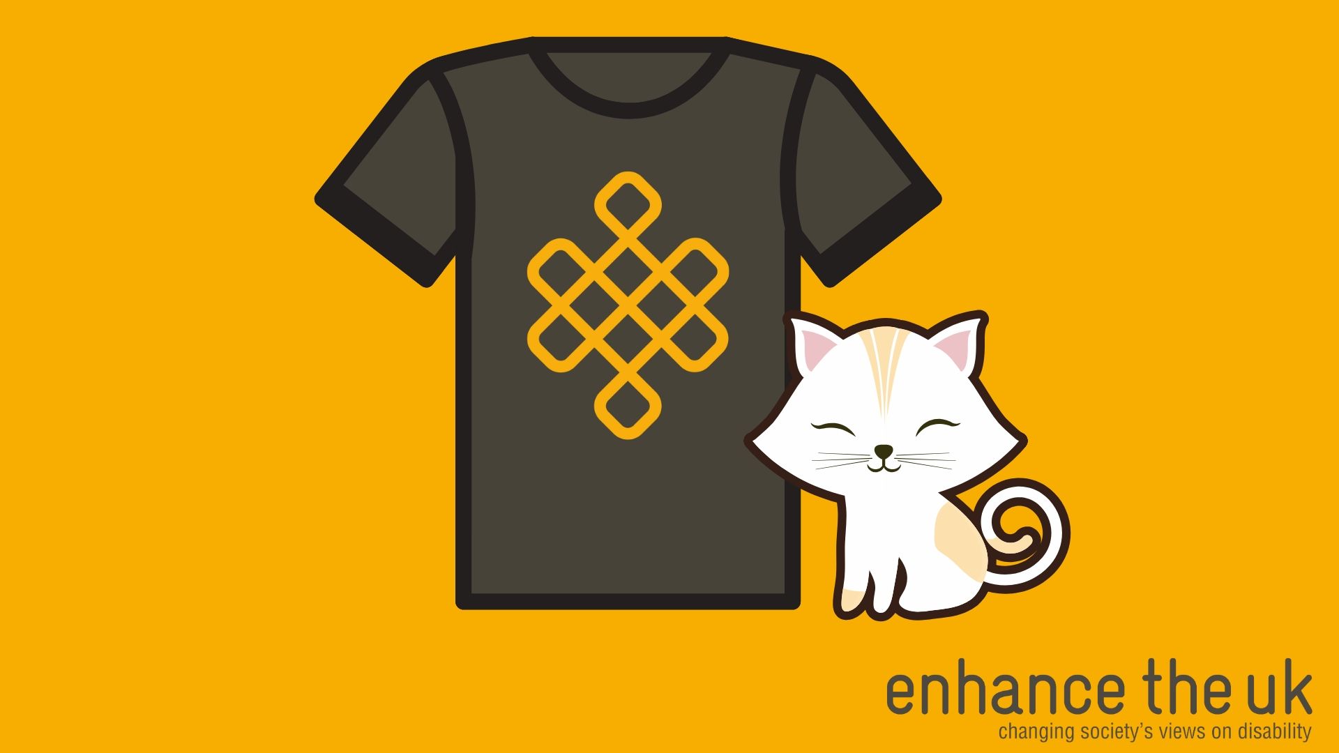 A black T-shirt with the Enhance The UK logo and a white cartoon cat