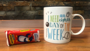 penguin biscuit and a mug of tea 