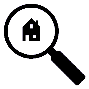 An illustration of a magnifying glass with a house in its lens