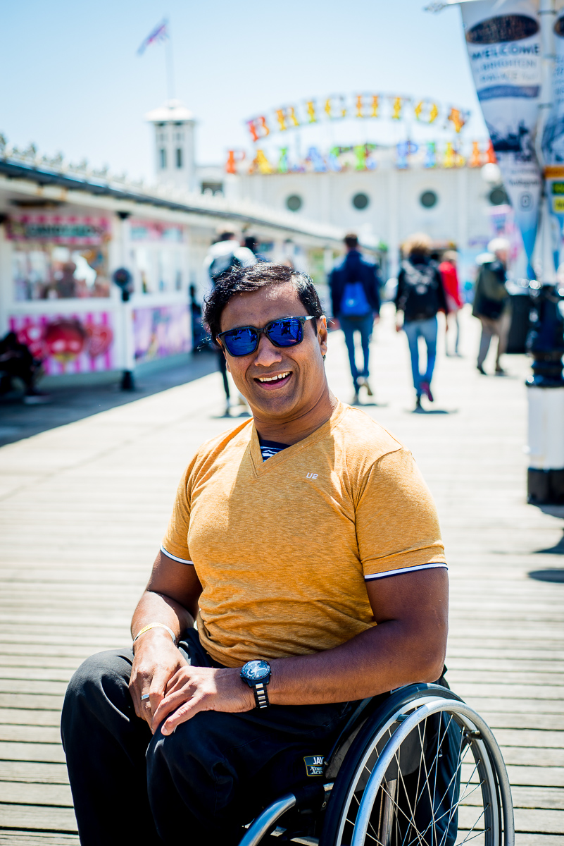 Jig sitting in a wheelchair at the pier