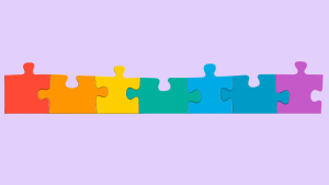 purple background with coloured jigsaw pieces connected in a line, in a rainbow order.