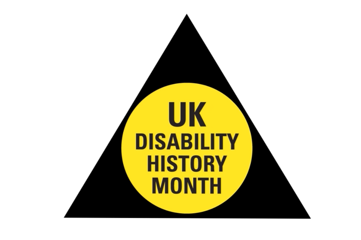 A black and yellow triangle with the words: uk disability history month on it